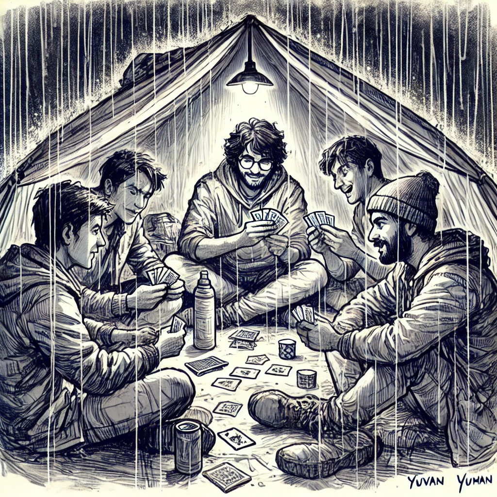 Friends inside tents during the rain, sharing stories and playing cards