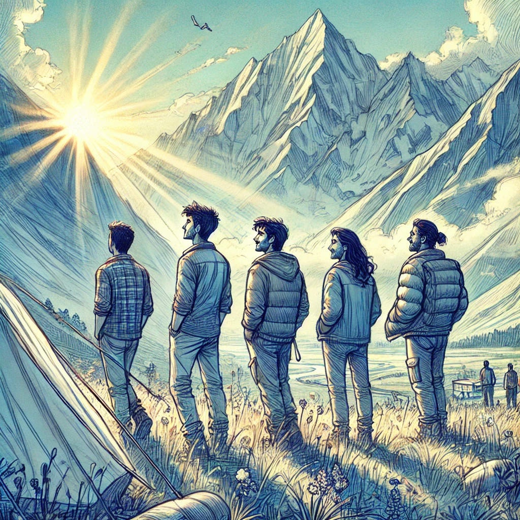 After the storm, friends witness a breathtaking sunrise over the mountains