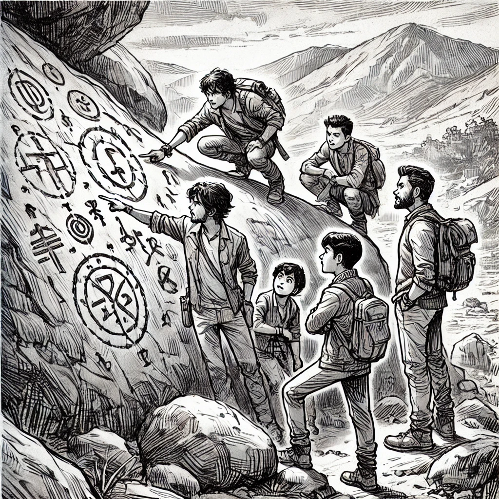 Yuvan discovers ancient symbols carved into a rock face