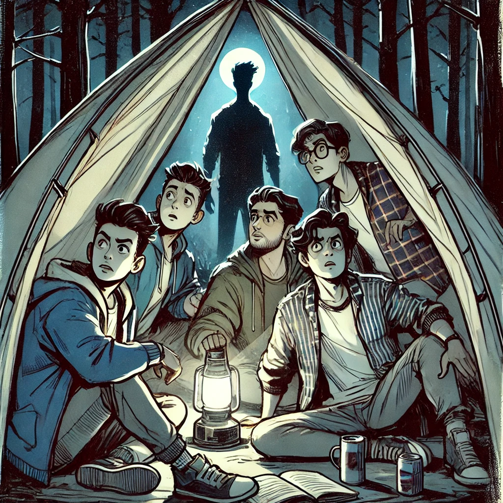 A shadowy figure approaches the campsite at night, friends look concerned
