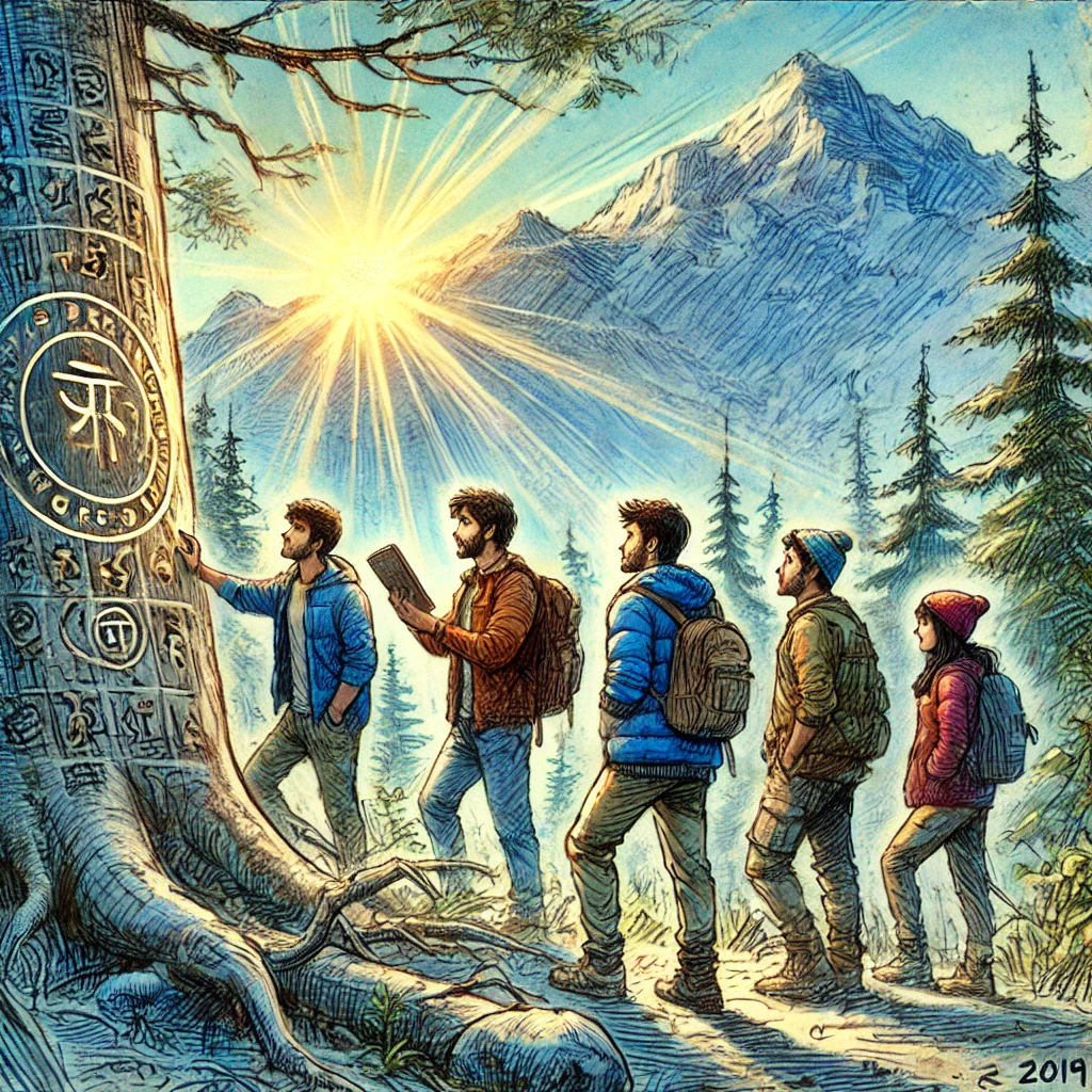 Friends starting the day fresh and following symbols in the mountains