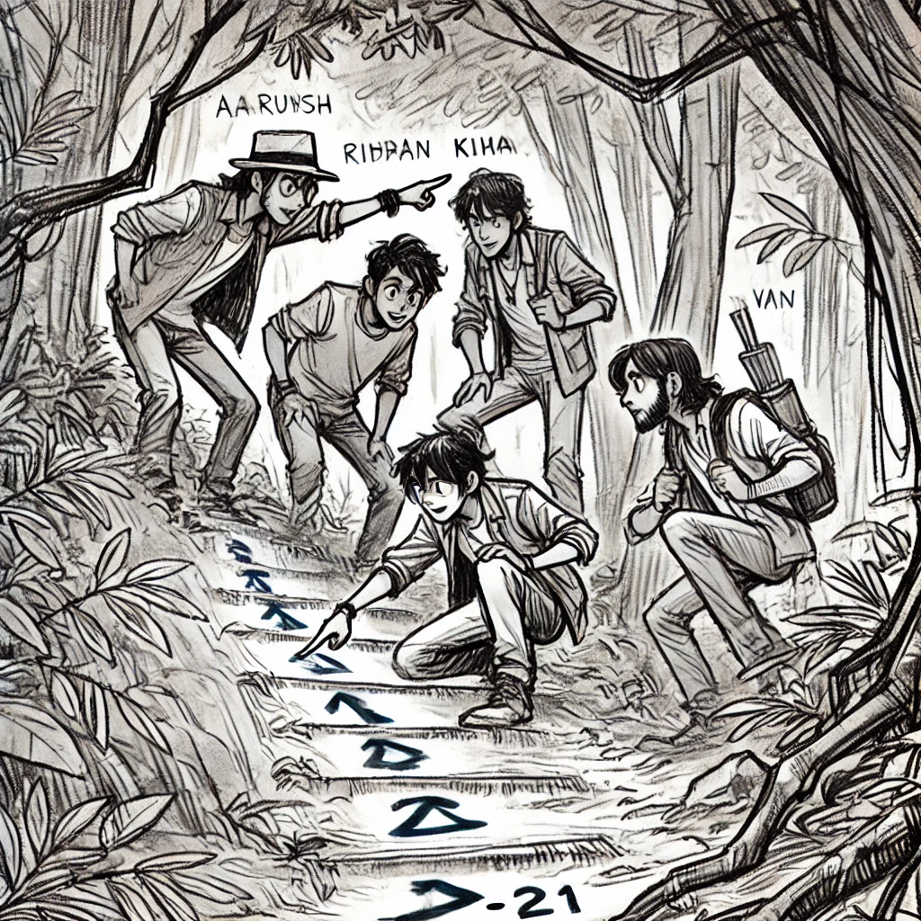 Friends finding a hidden path behind thick bushes