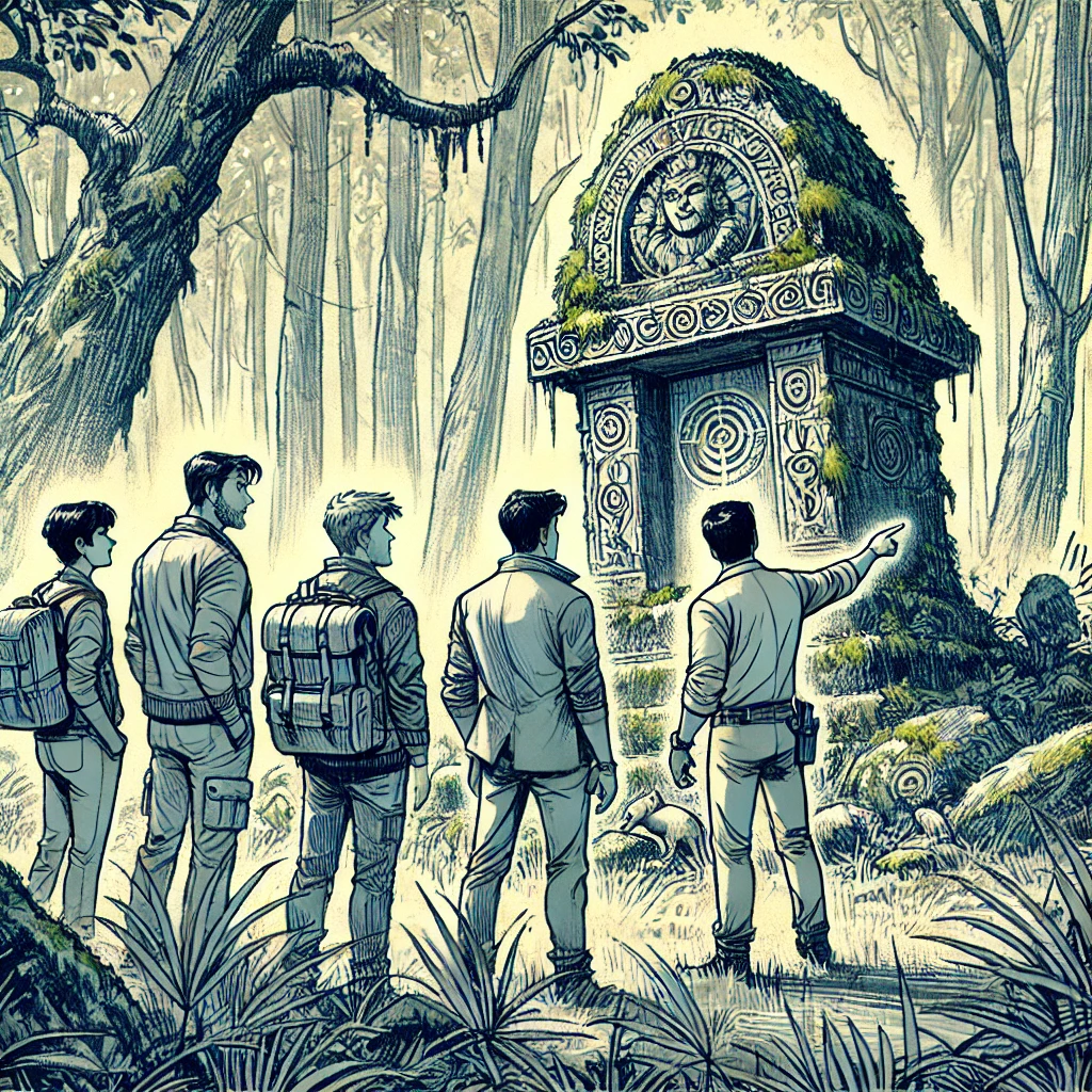 The group discovering an ancient shrine in a clearing