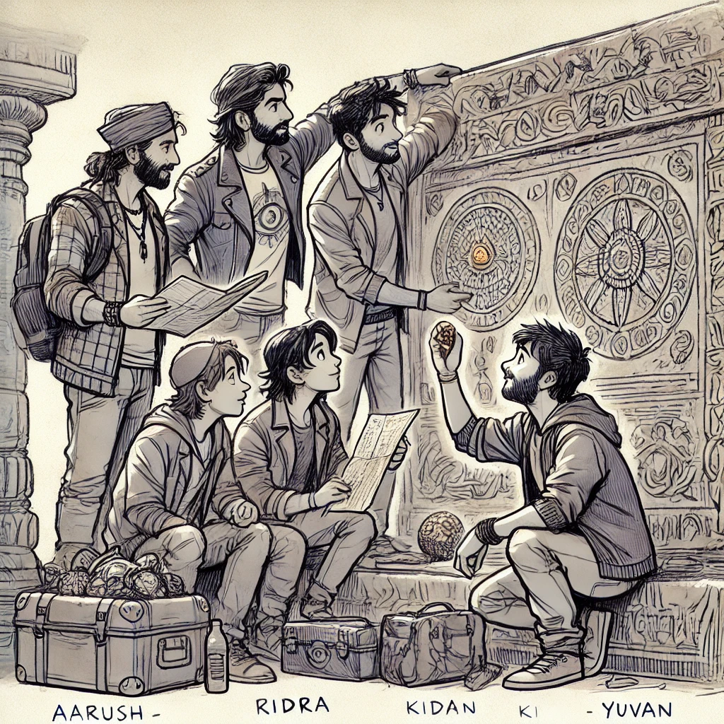 Rudra comparing the map with the symbols around the shrine