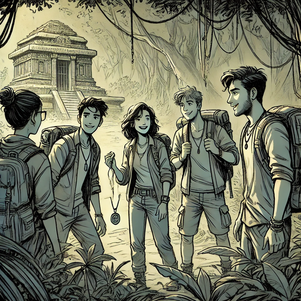 Anika emerging from the bushes as the group examines the pendant