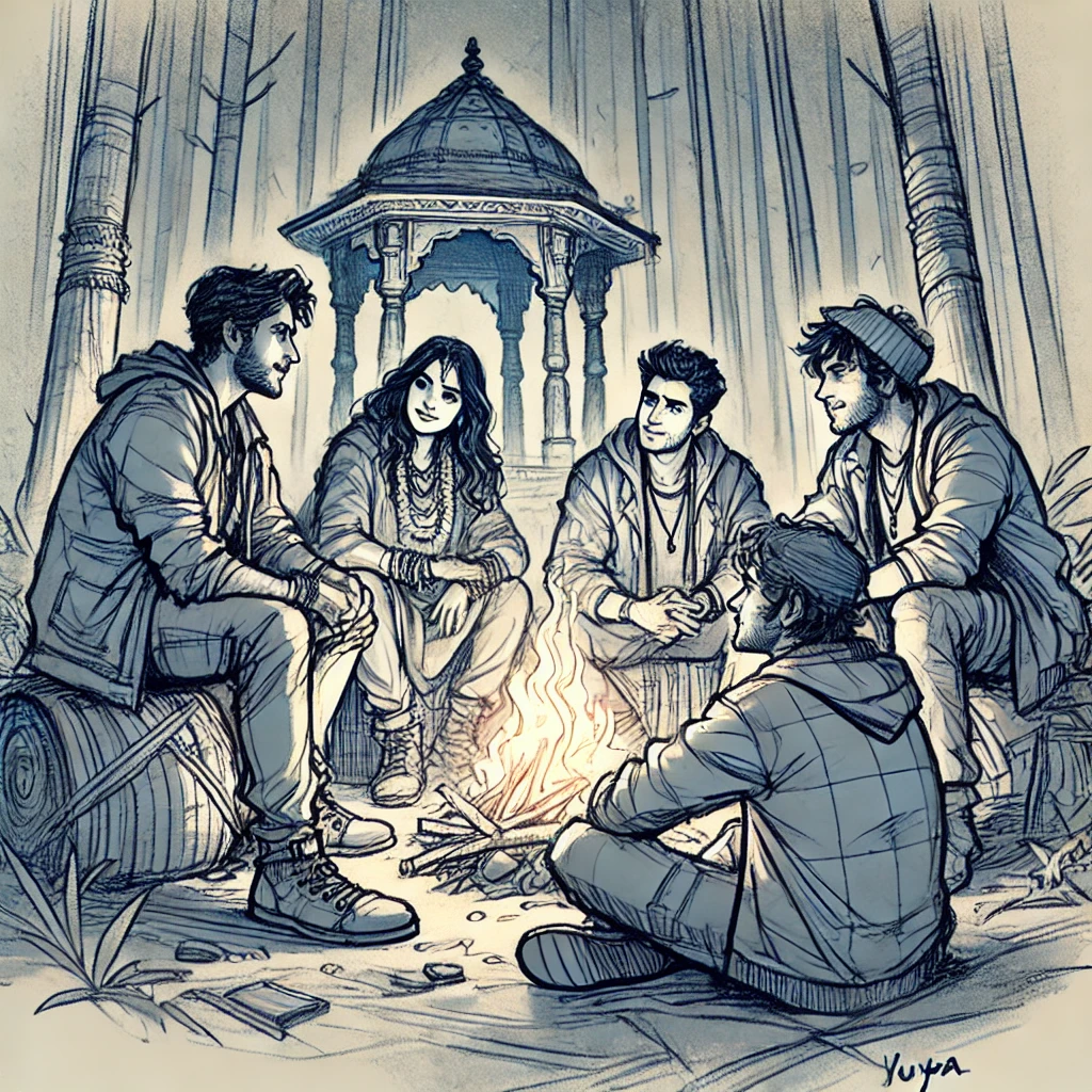 The group sitting around the shrine, sharing stories with Anika