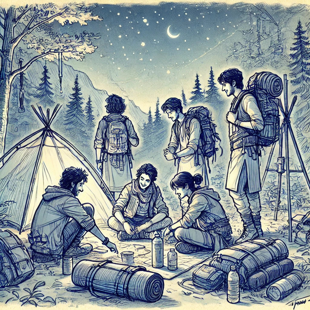 Friends preparing their camp for the night, organizing gear