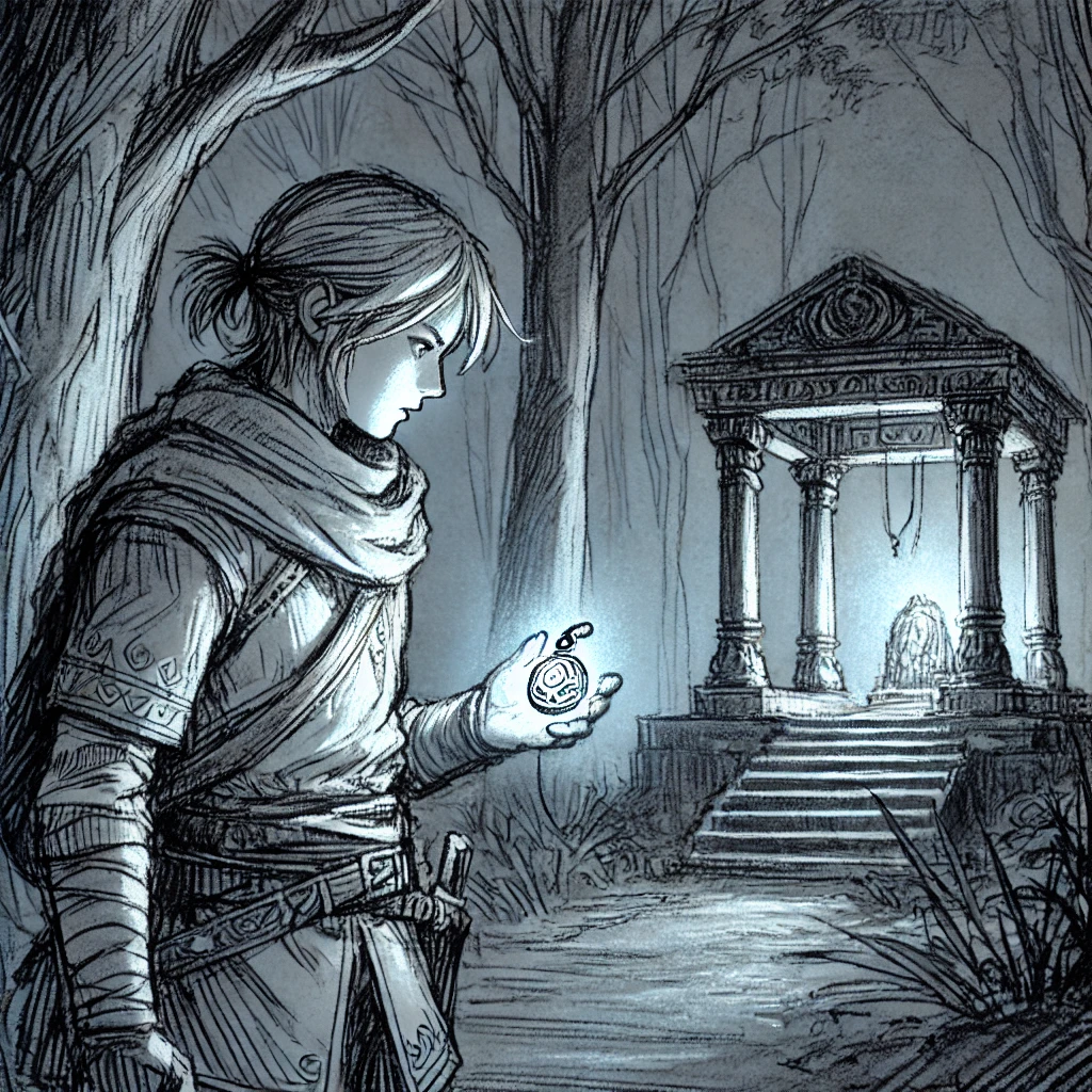 Yuvan investigating a faint glow near the shrine at midnight