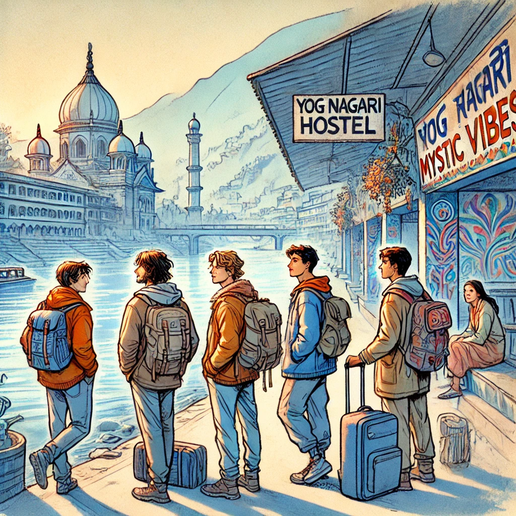 Friends arriving in Rishikesh, capturing the serene environment