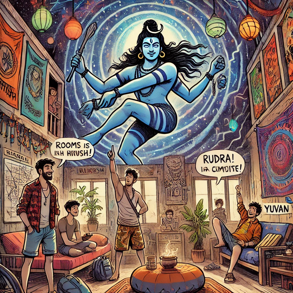 Inside the quirky Mystic Vibes Hostel with vibrant decorations