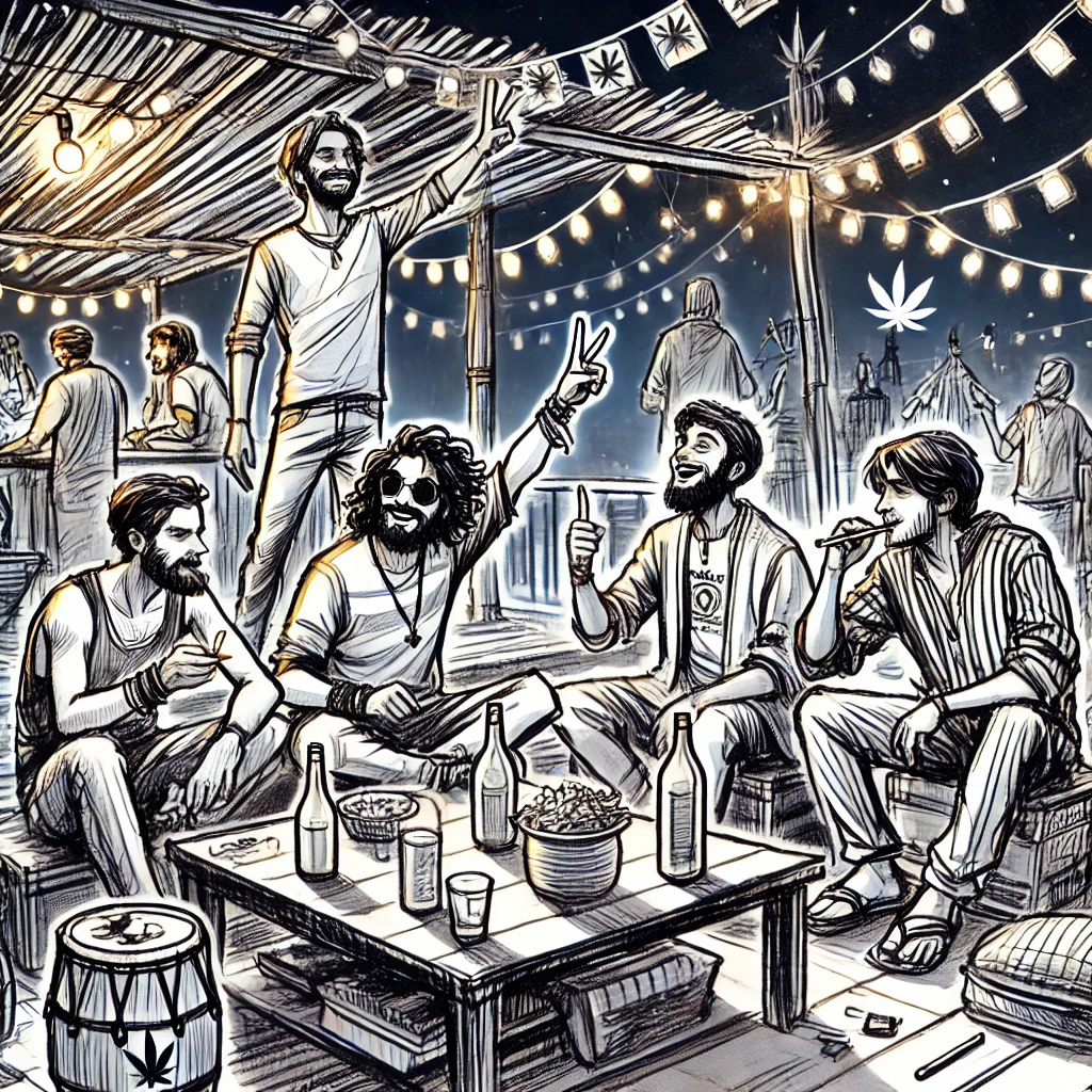 Friends enjoying the lively rooftop of Mystic Vibes Hostel at night