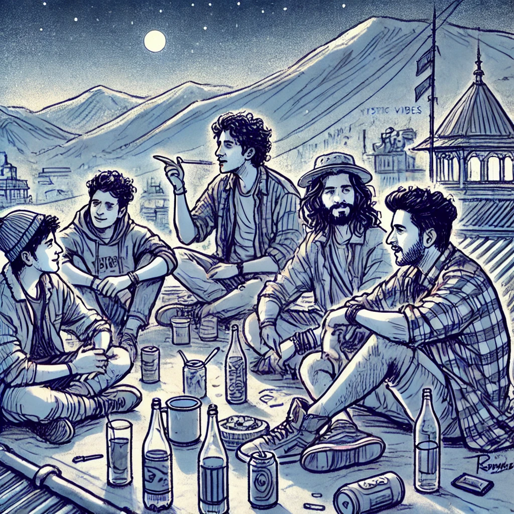 Friends gathered on the rooftop terrace at dawn