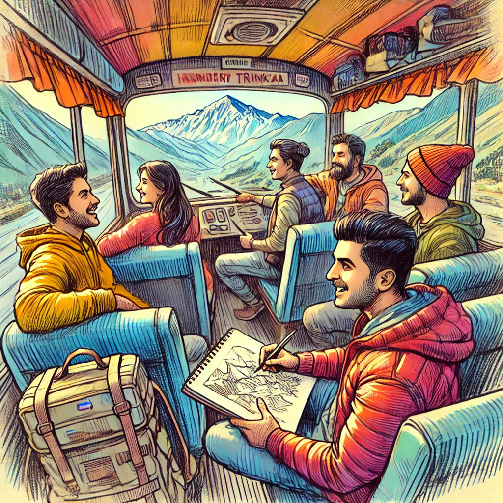 Bus winding through narrow mountain roads with scenic views