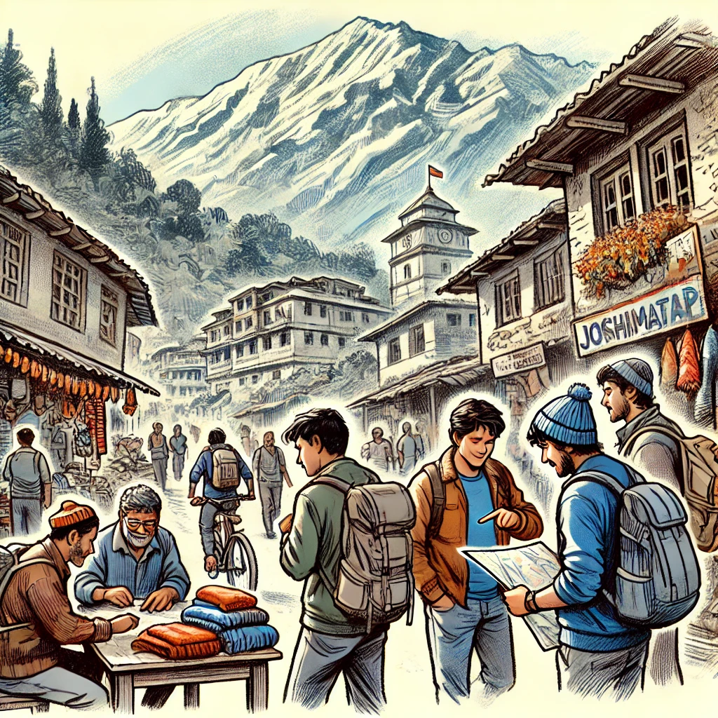 Friends arriving in Joshimath, exploring the bustling town